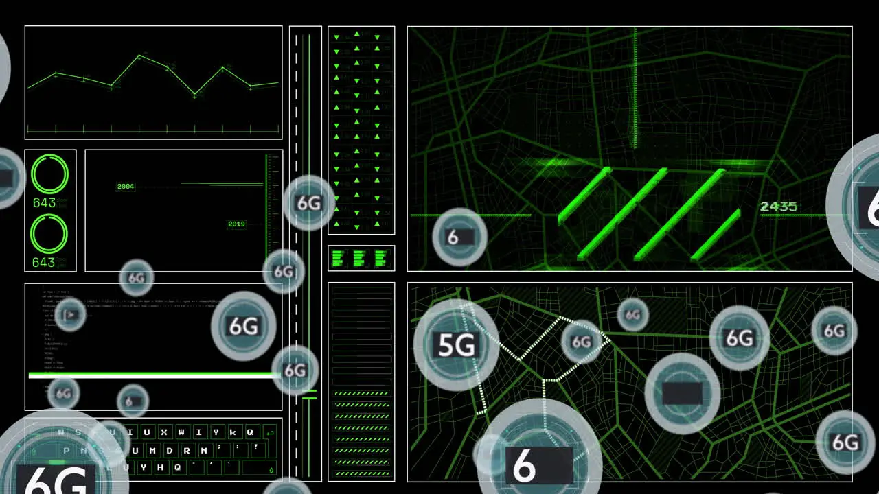 Animation of 6g text with icons and data processing over dark backgorund