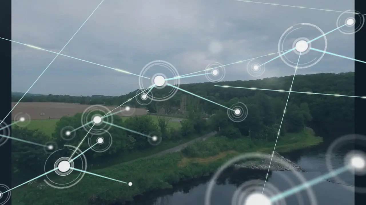 Animation of network of connections with icons over mountain landscape