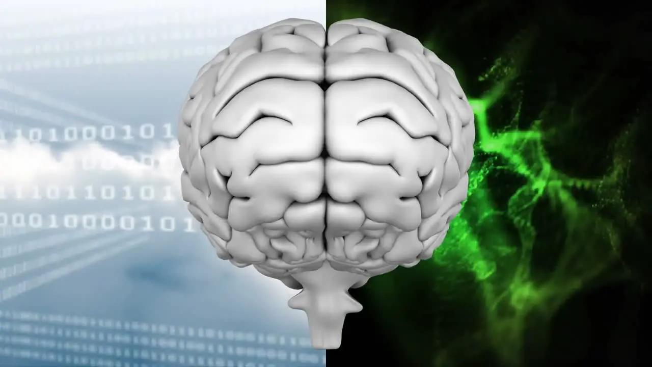 Animation of the top of brain against a binary codes and light effects