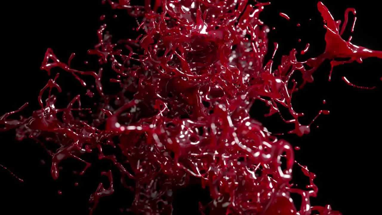 Dark red liquid explosion in 3D animation capturing a high-detail dynamic splash against a stark black background