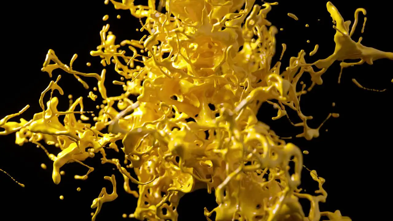 Golden liquid splash in 3D animation capturing a dynamic freeform burst with glistening reflections on a black backdrop