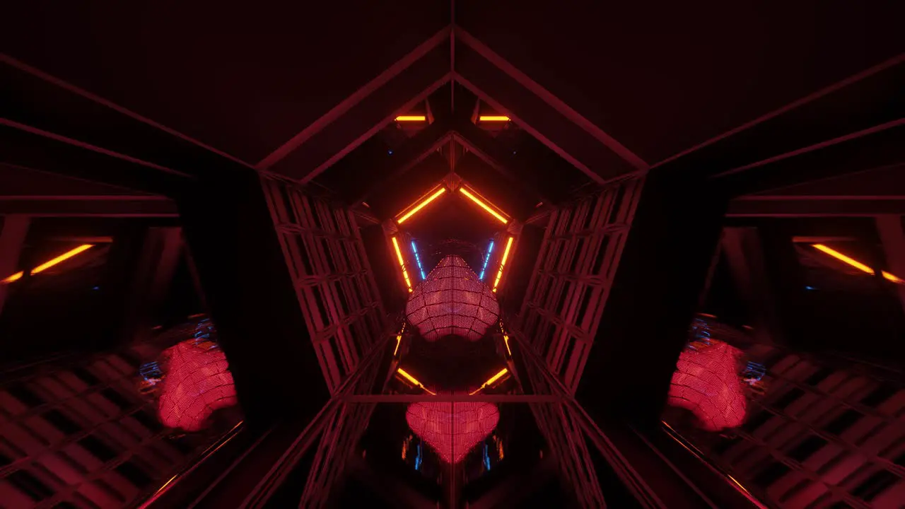 VJ Loop 3D Pink Heart Rolling Along a Hi-Tech Reflective Pentagonal Tunnel