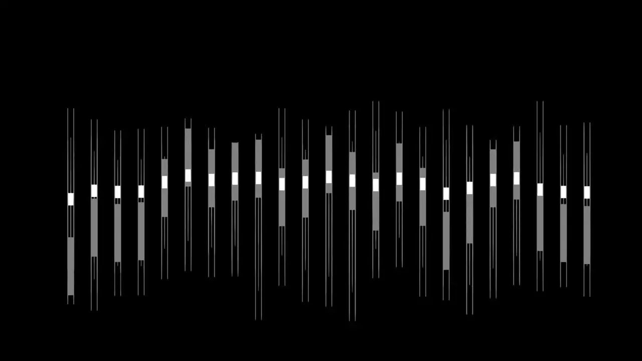 Animation of music equalizers vertical white shape bar lines on black background pulsating and moving up and down overlay video with alpha blending option