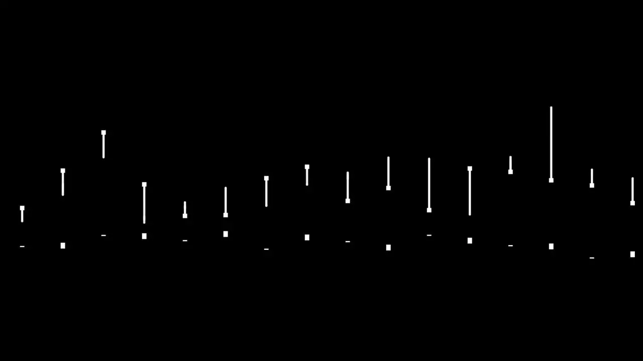 Animation of music equalizers vertical white shape bar lines on black background pulsating and moving up and down overlay suitable with alpha blending option