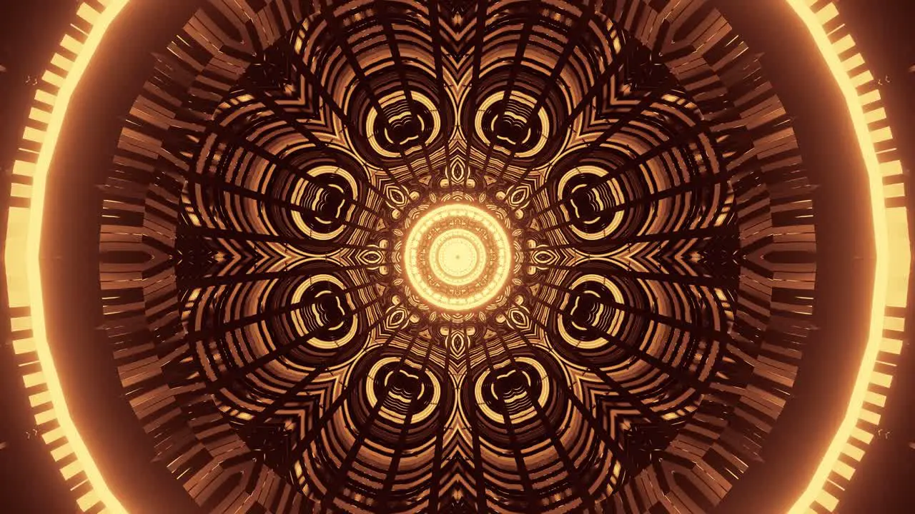 Computerized motion graphics of golden color shapes and patterns emitting from the center