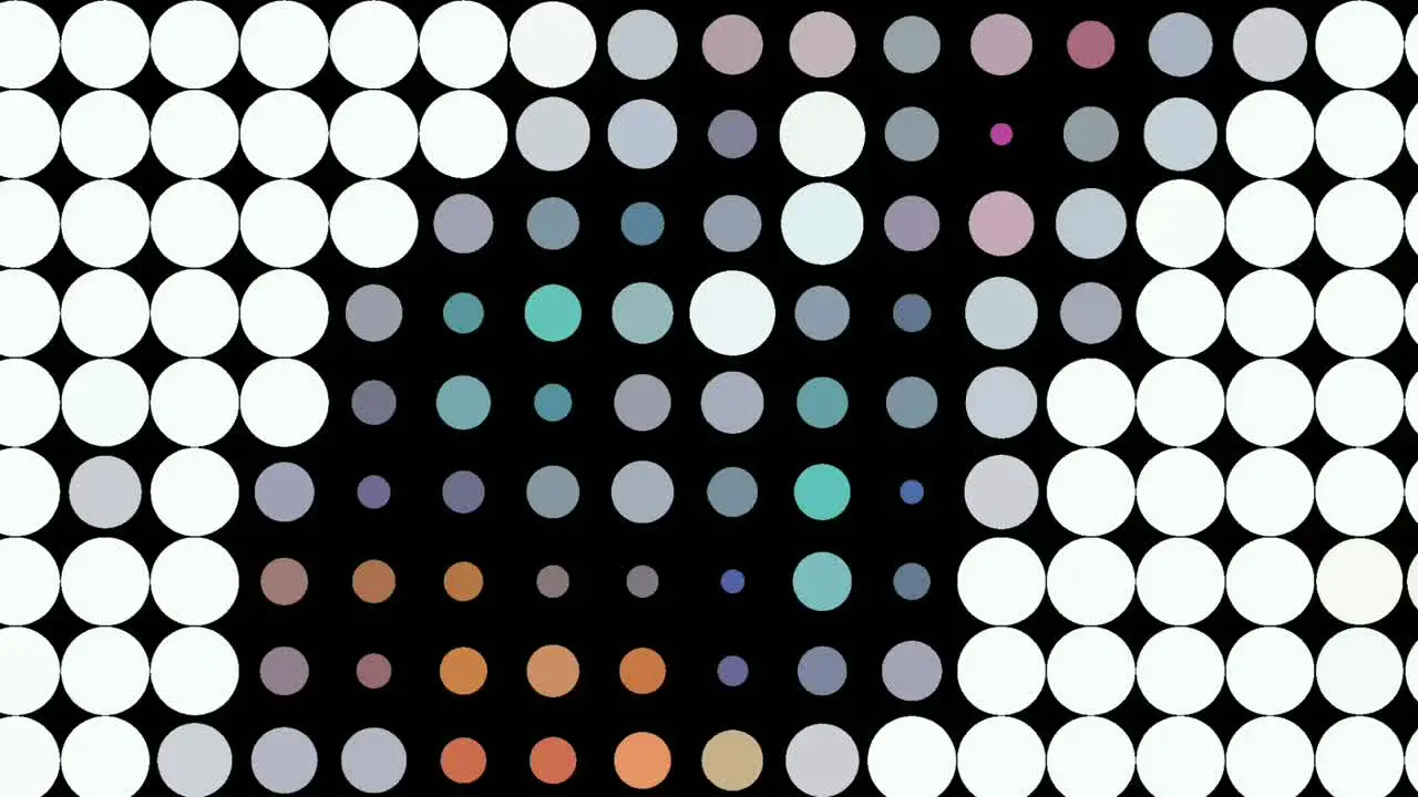 Motion graphics of right moving footage of blinking small colorful circles arranged in rows