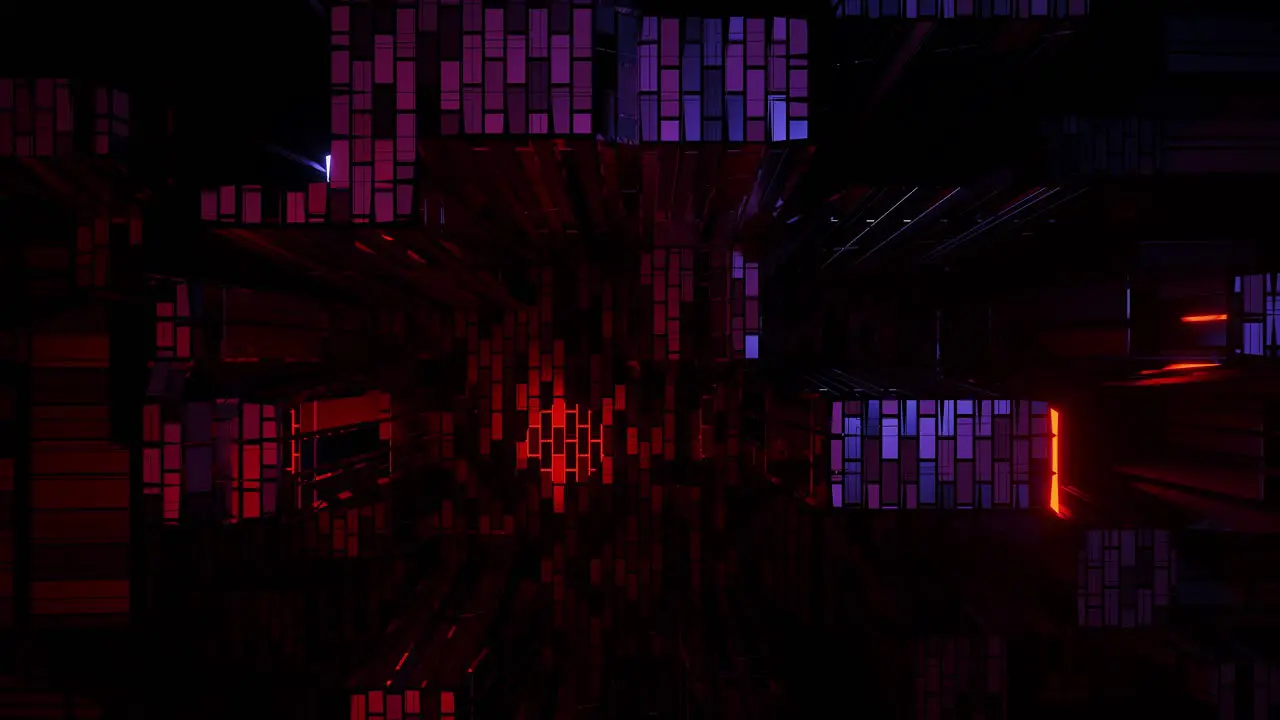 VJ Loop Falling Through a Glitching Digital Environment With Purple Pink and Blue Light Glowing on Intermittent Grid Structures