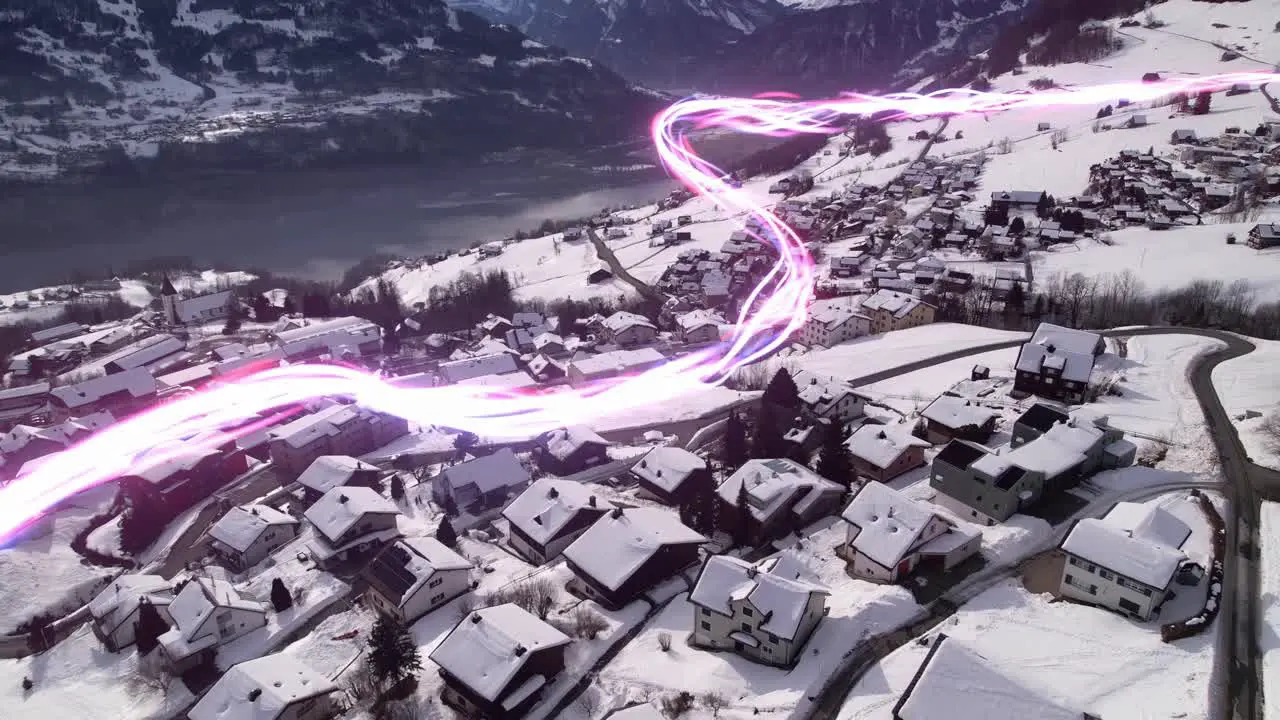 Aerial view of the snow covered city of Amden Switzerland with Telecommunication Visualization illustration