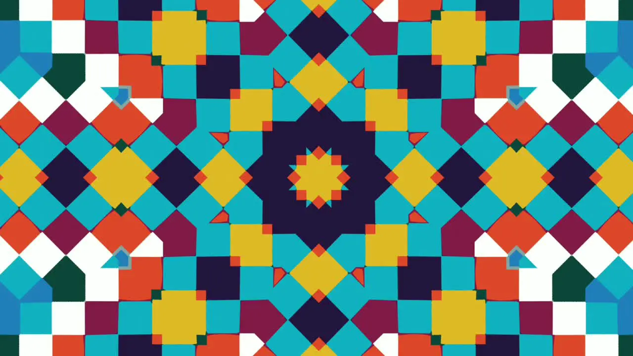 Computerized animation of small colorful boxes popping and fading in a symmetrical pattern