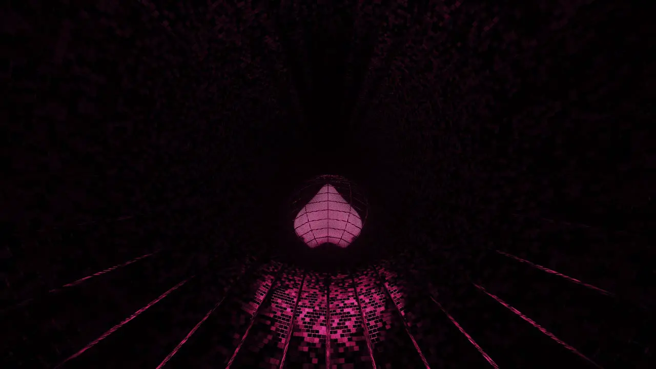 VJ Loop 3D Purple Heart Rolling Along a Reflective Digital Tunnel Surface With Lines Disappearing into the Darkness