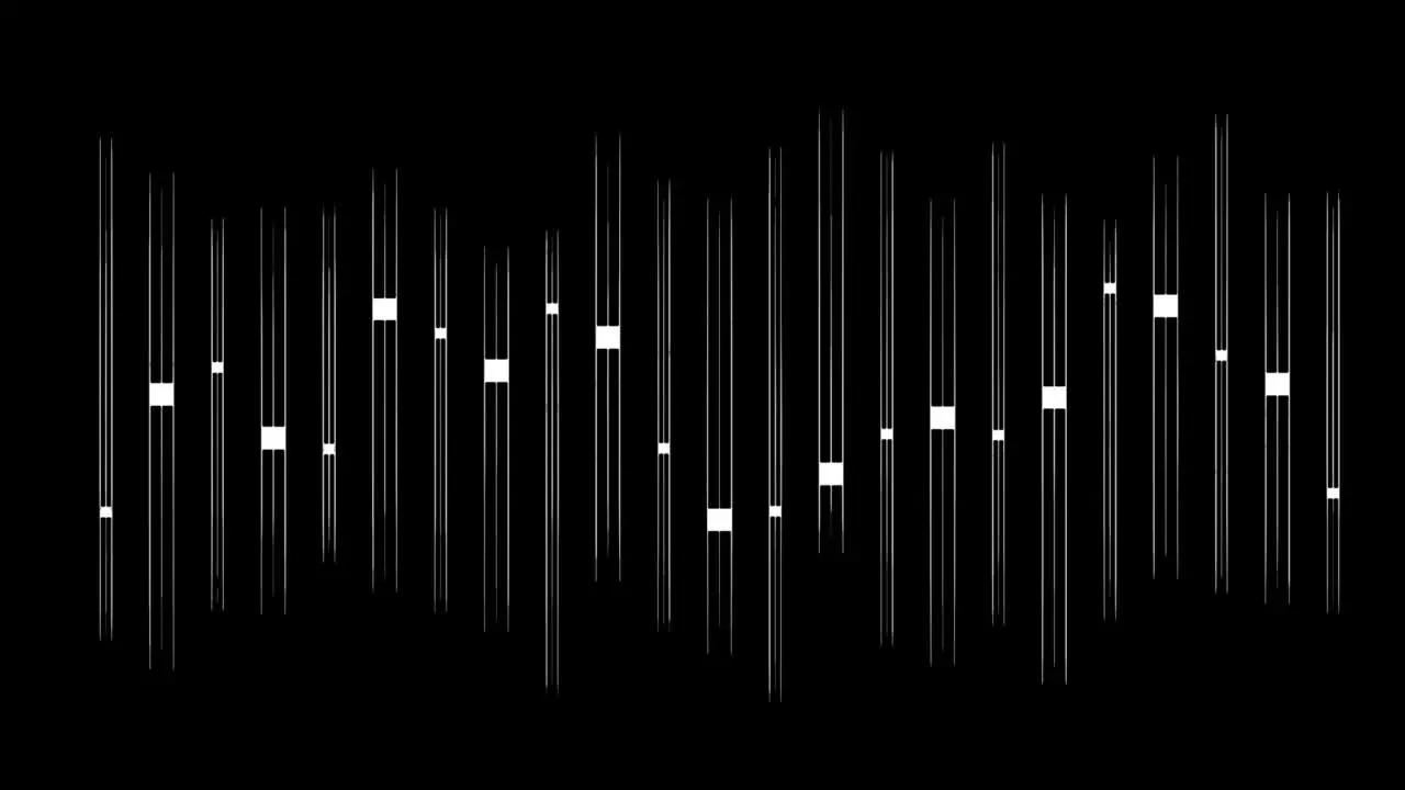 Animation of music equalizers vertical white shape bar lines on black background pulsating and moving up and down overlay video suitable for alpha matte blending option