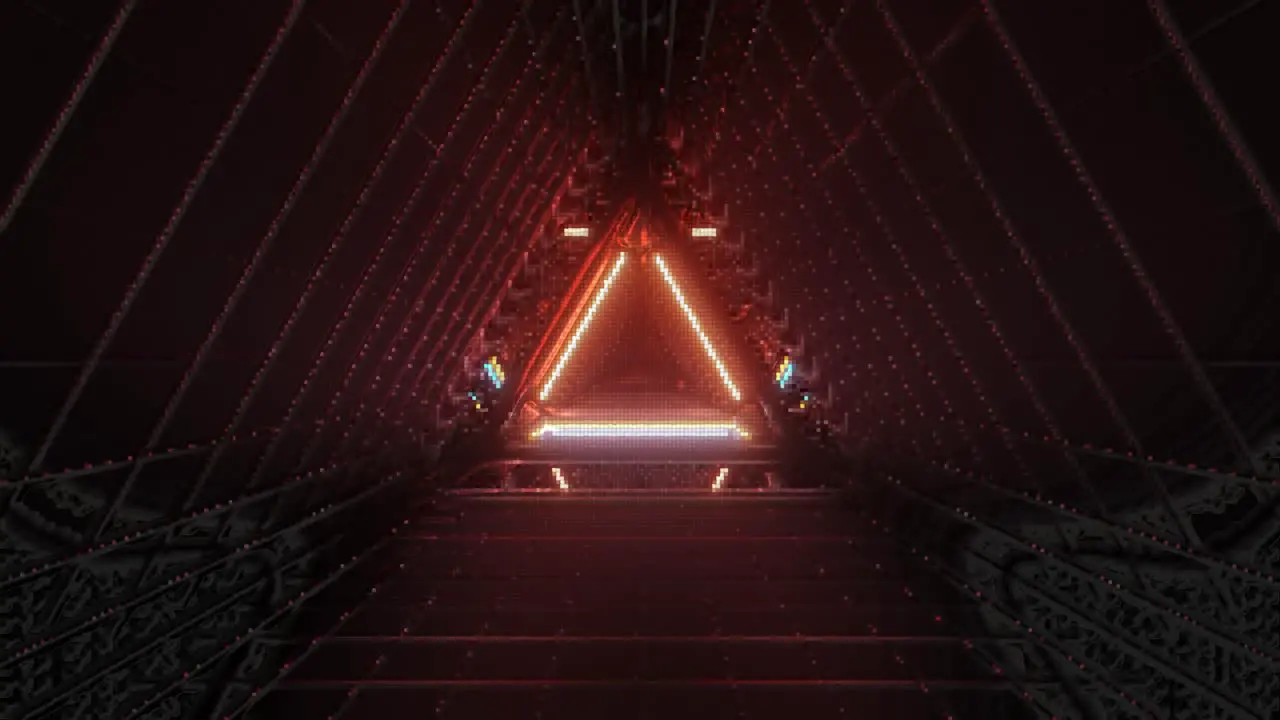 VJ Loop Flying Through a Triangular Low Resolution Retro Tunnel with Glowing Red Orange and Blue Neon Lights