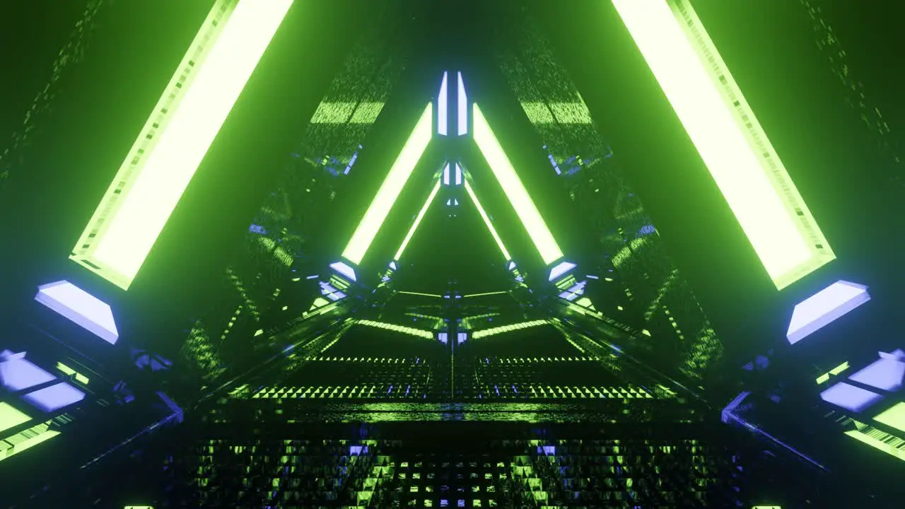 Computerized motion graphics of moving through highly reflective green triangular space tunnel