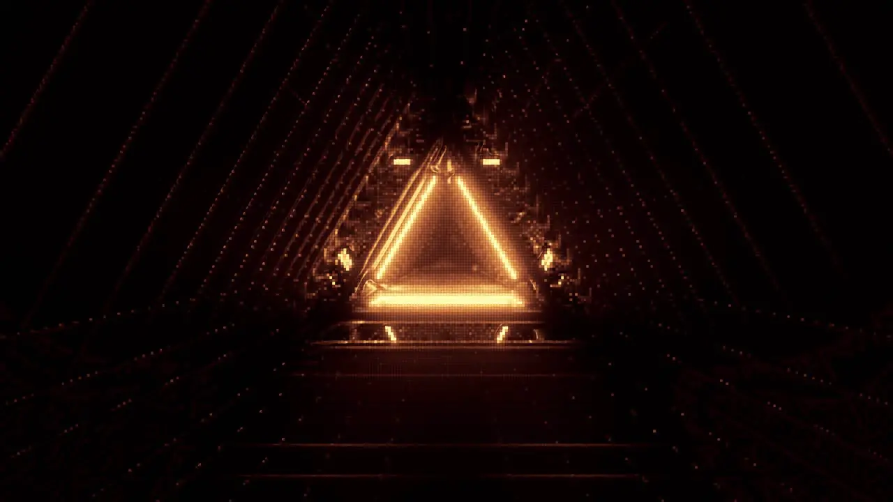 VJ Loop Flying Through a Triangular Low Resolution Retro Tunnel with Glowing Golden Neon Lights