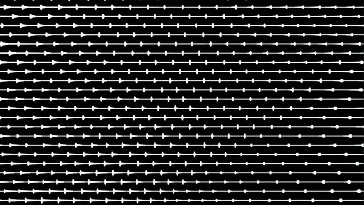 Computerized animation of white lines on black background rotating on its axis in the form of net