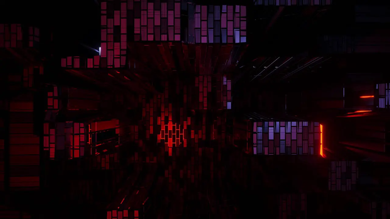 VJ Loop Falling Through a Glitching Digital Environment With Red Purple and Blue Light Glowing on Intermittent Grid Structures