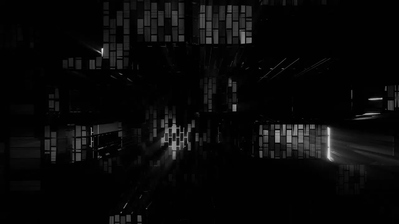 VJ Loop Falling Through a Glitching Digital Environment With White Light Shining Through Intermittent Grid Structures