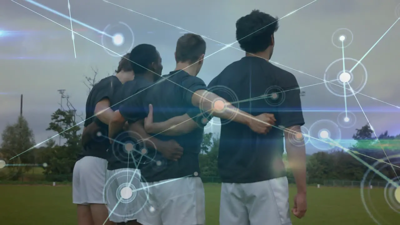 Rugby players holding each other with network connection lines