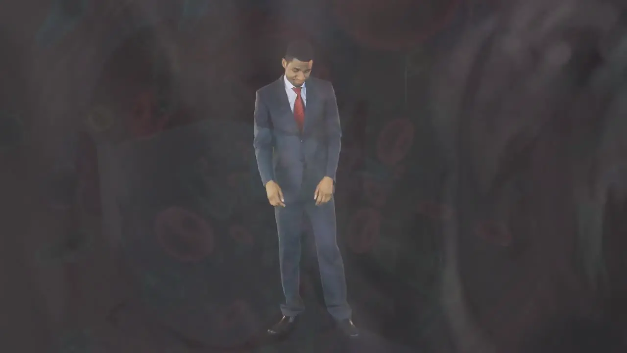 Animation of african american businessman standing arm crossed red blood cell flowing in arteries