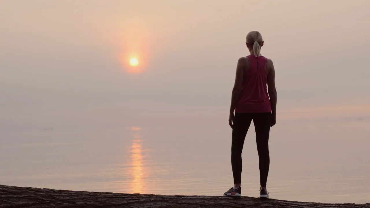 Confident Fitness Woman Looking At Dawn Over The Sea Rear View