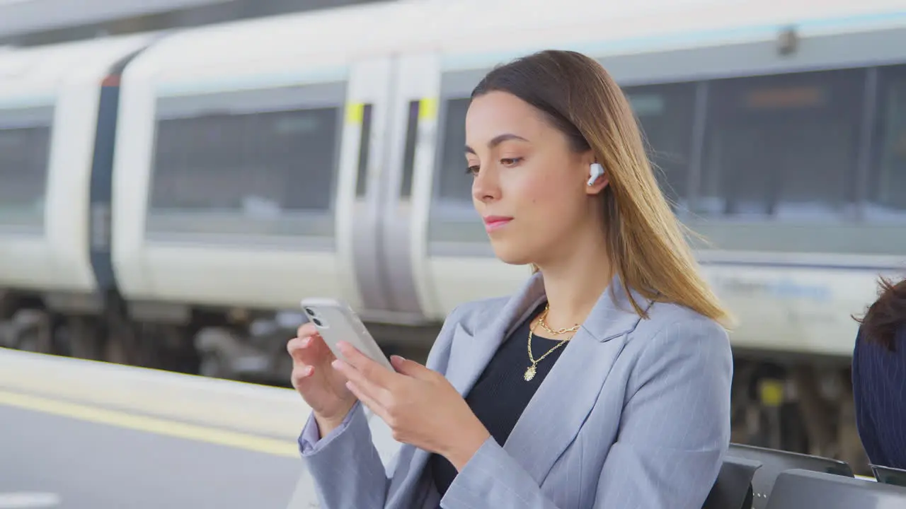 Businesswoman Waiting On Train Platform With Wireless Earbuds Listens To Music On Mobile Phone