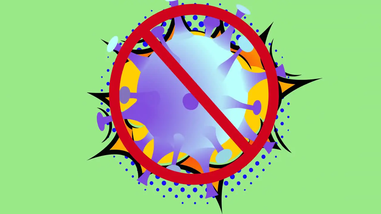 Animation of prohibition sign with covid 19 virus cells moving