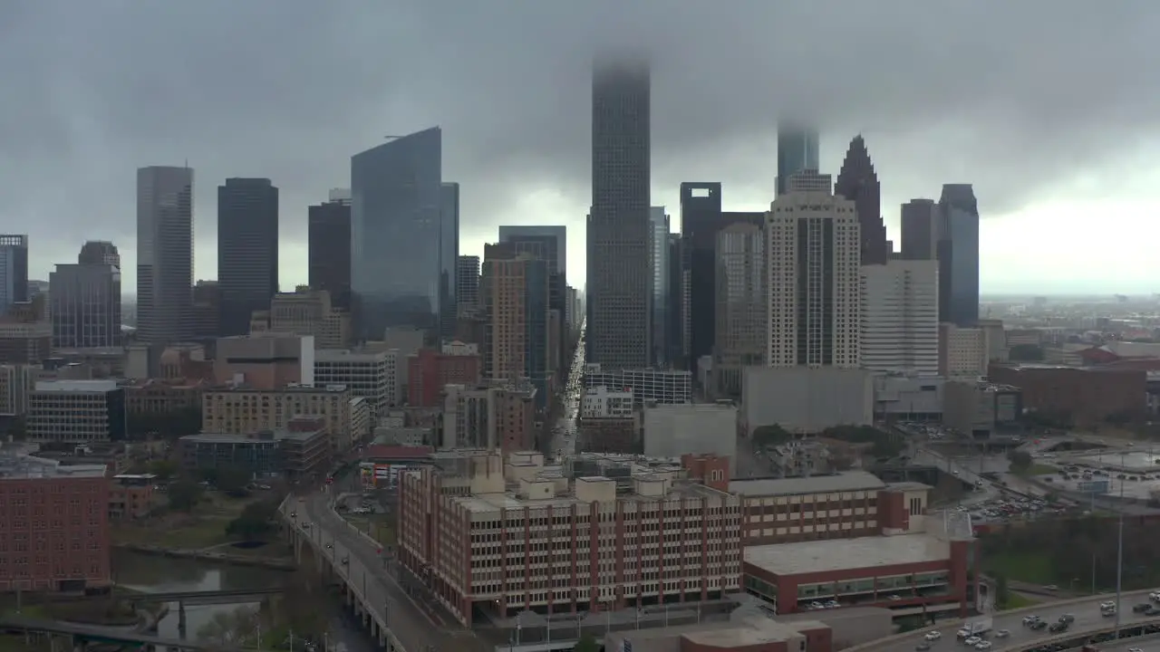 Aerial view of downtown Houston on a rainy and gloomy day