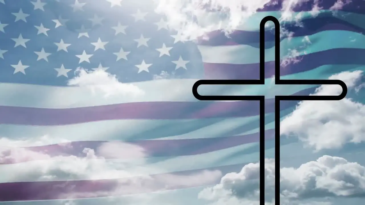 Animation of cross and national flag of america waving over cloudy sky in background