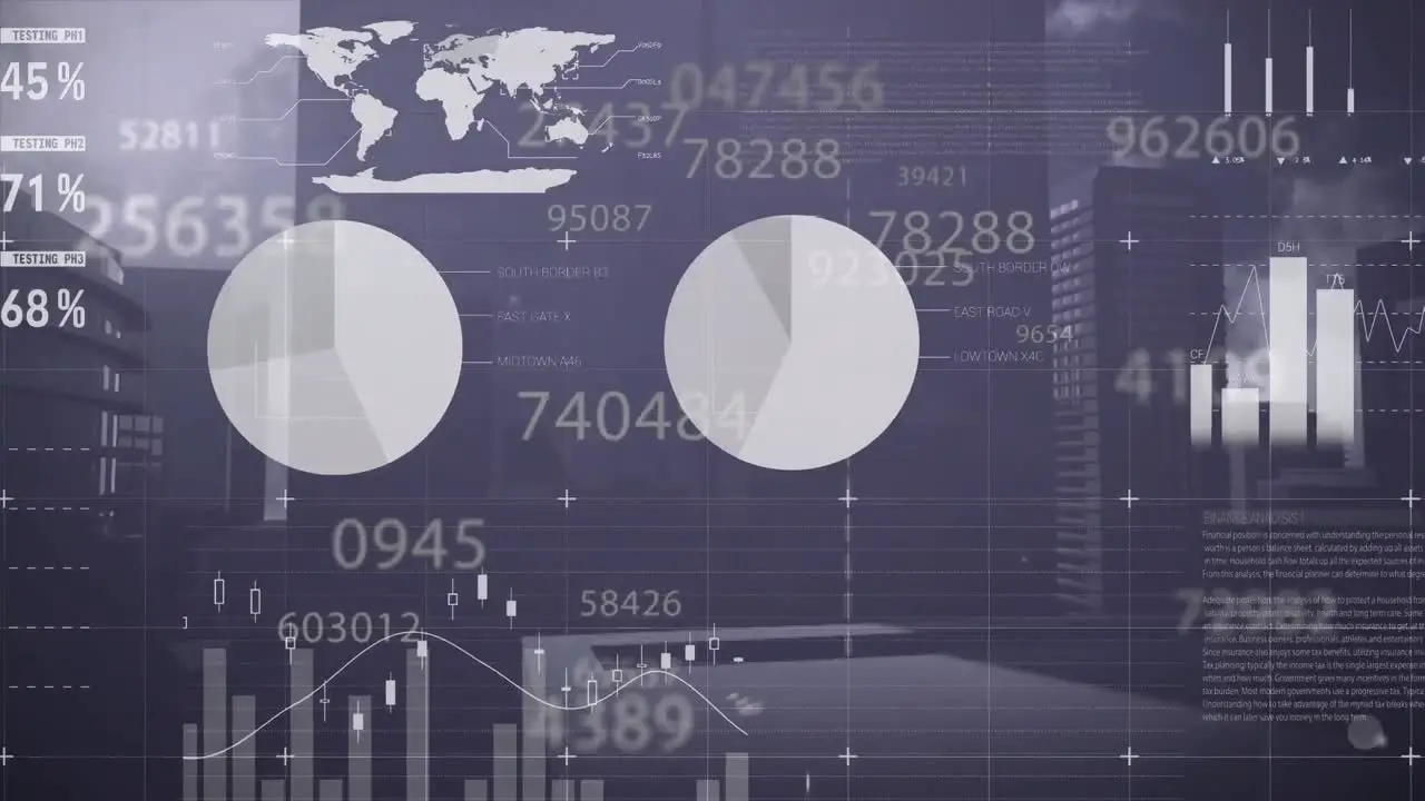 Animation of infographic interface over changing numbers on buildings against sun behind cloudy sky