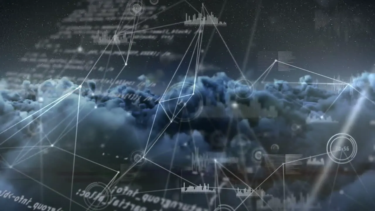 Animation of web of connections and scientific data processing over cloudy sky