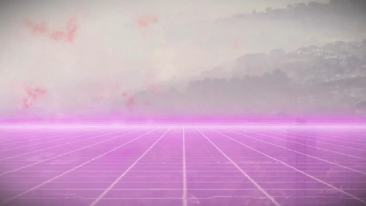 Animation of pink colored illuminated grid pattern with dense cloudy sky