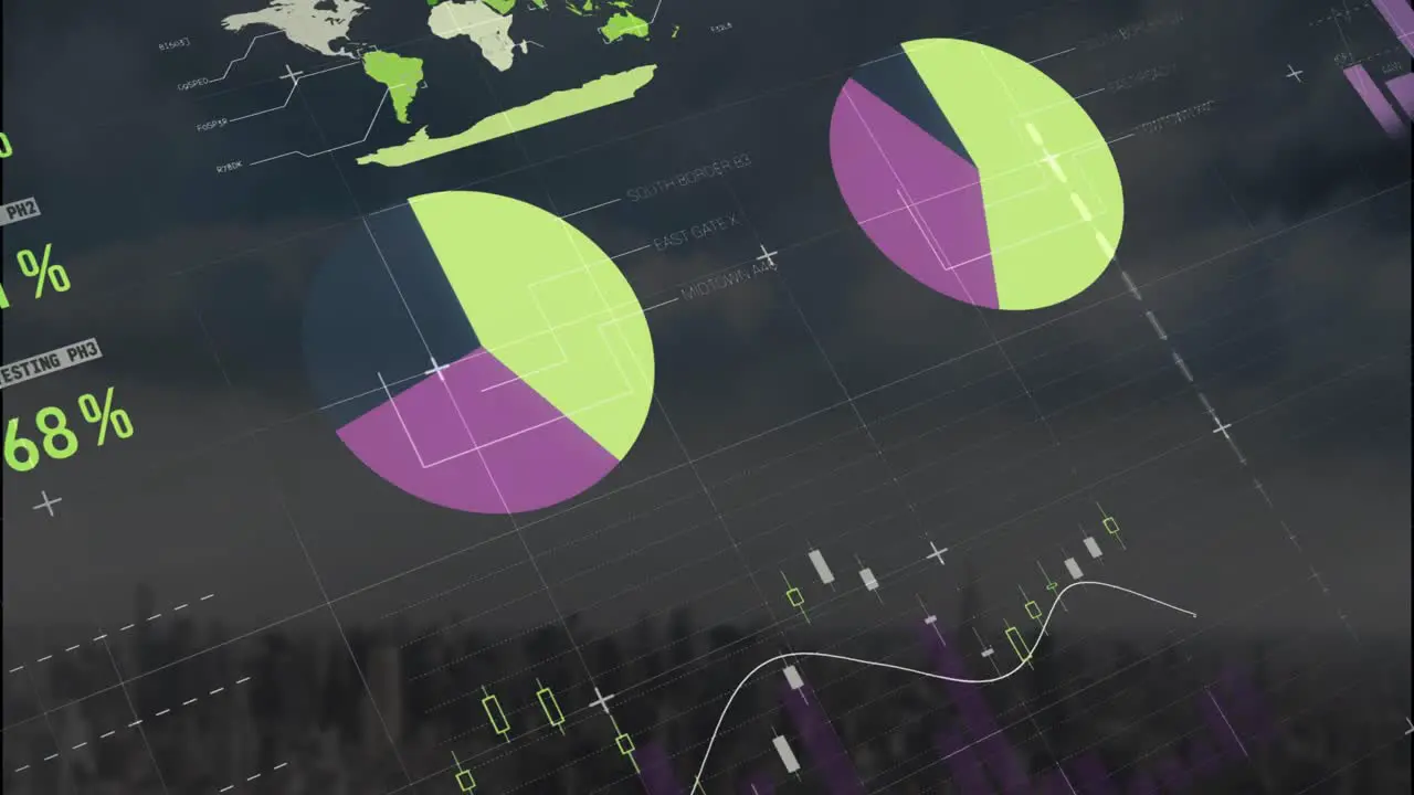 Animation of multicolored infographic interface over modern cityscape against cloudy sky