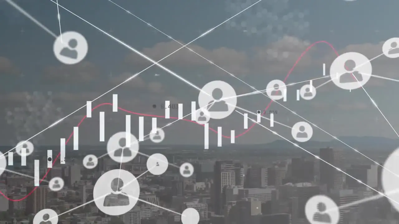 Animation of connected icons over graphs against modern cityscape against cloudy sky