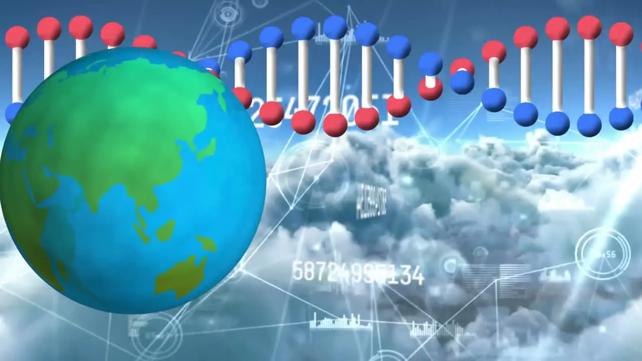 Animation of globe and dna chain on cloudy sky