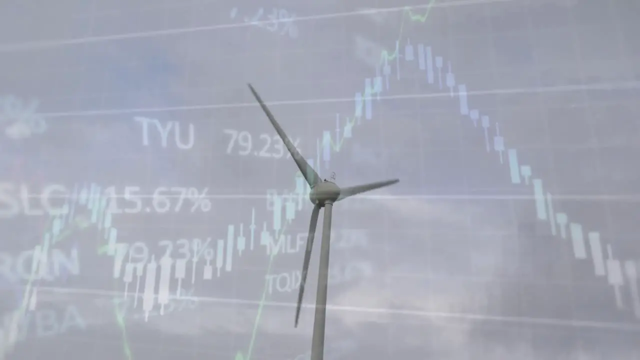 Animation of graphs and trading board over windmill spinning under cloudy sky