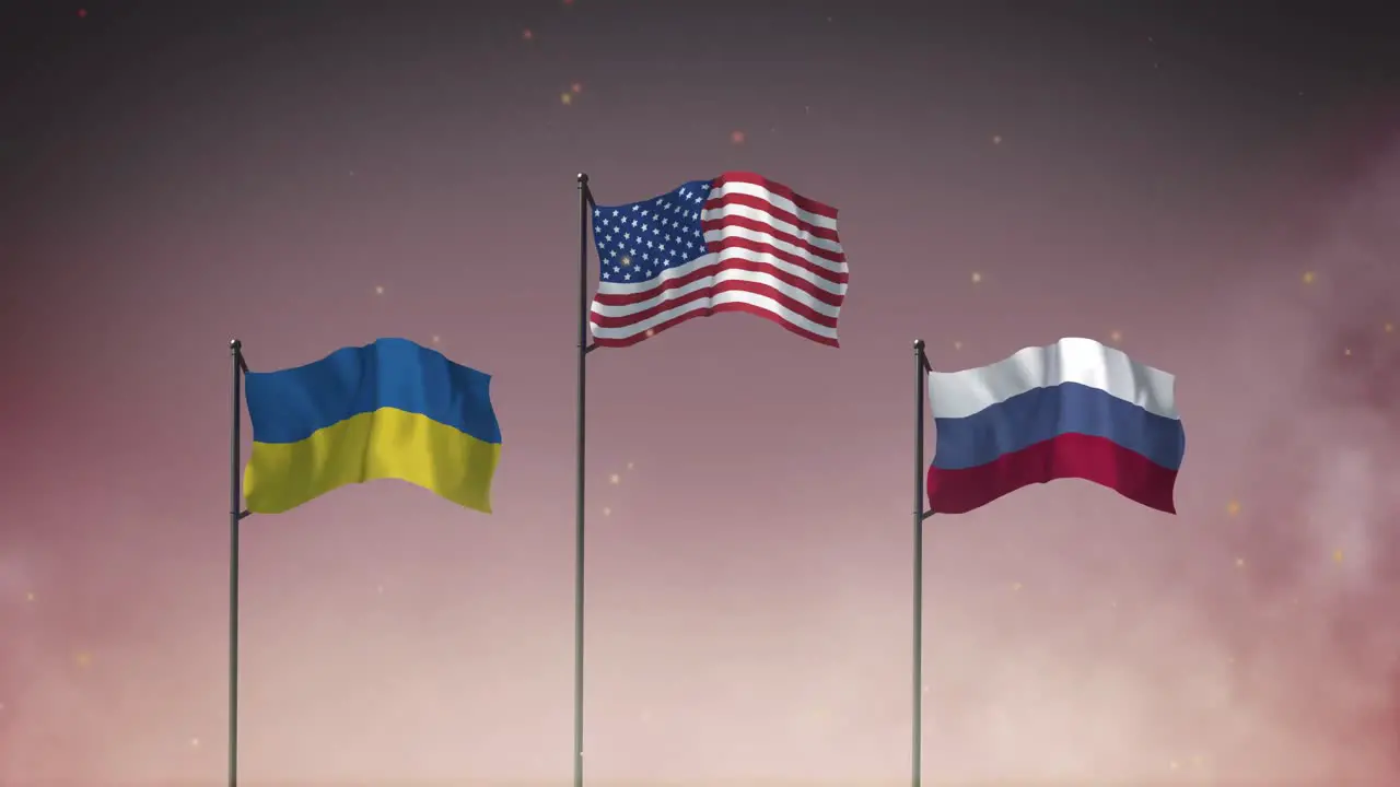 Animation of three flags of ukraine united states and russia on poles against cloudy sky at night