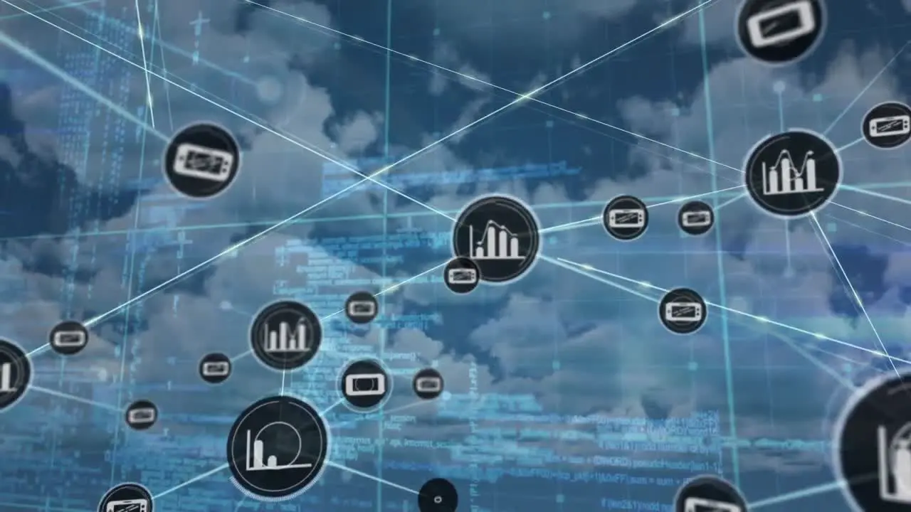 Animation of connected icons over programming language against cloudy sky