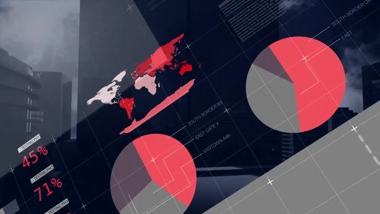 Animation of infographic interface over buildings against cloudy sky