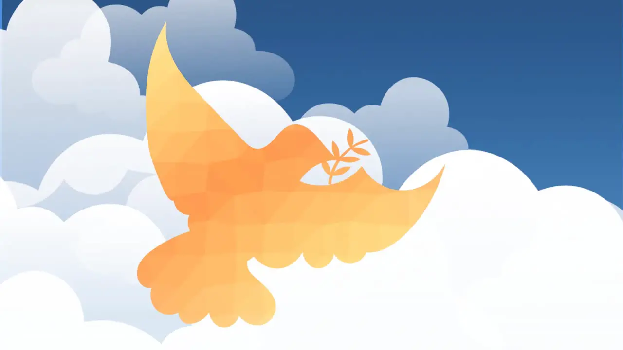 Animation of orange dove holding twig on blue cloudy sky background