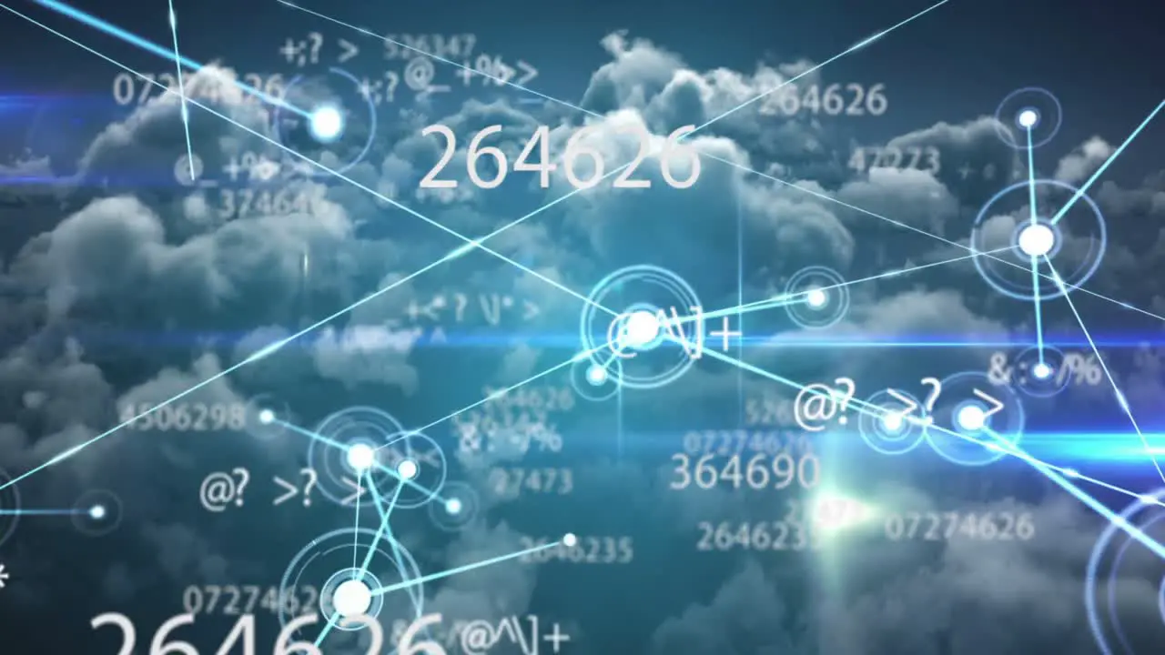 Animation of scientific data processing and web of connections over cloudy sky