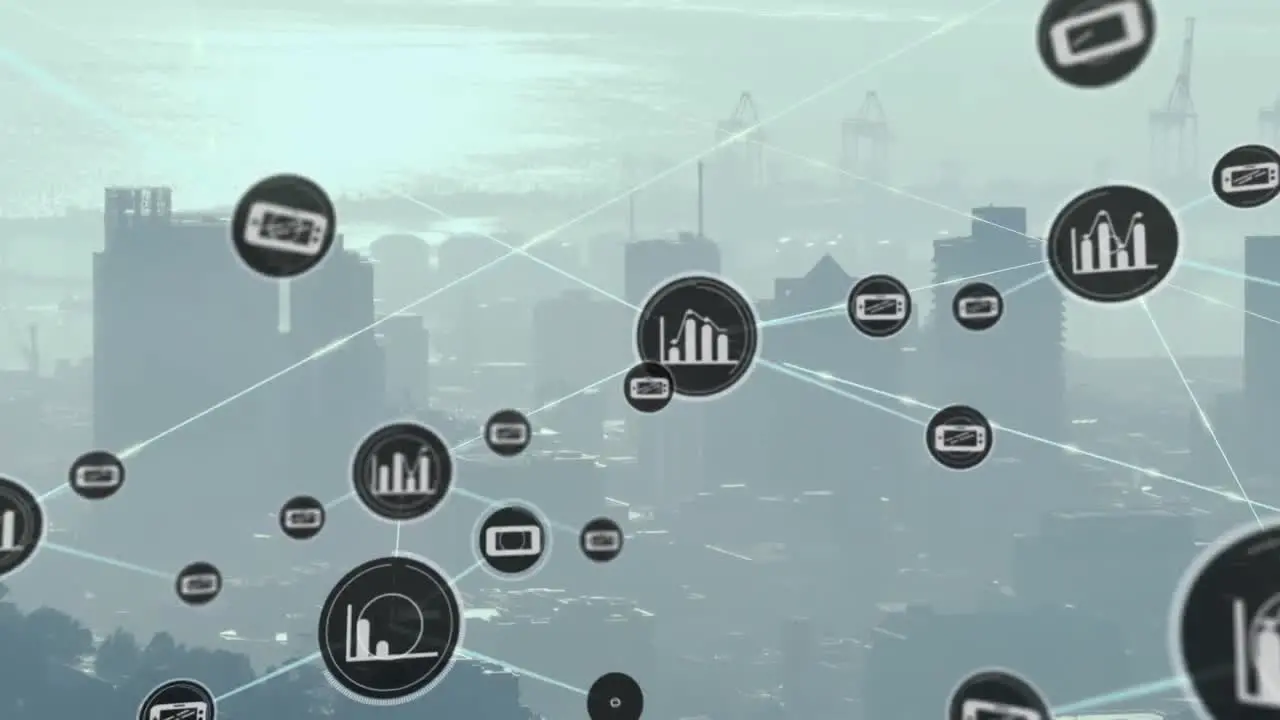 Animation of icons connected with lines over modern city against cloudy sky