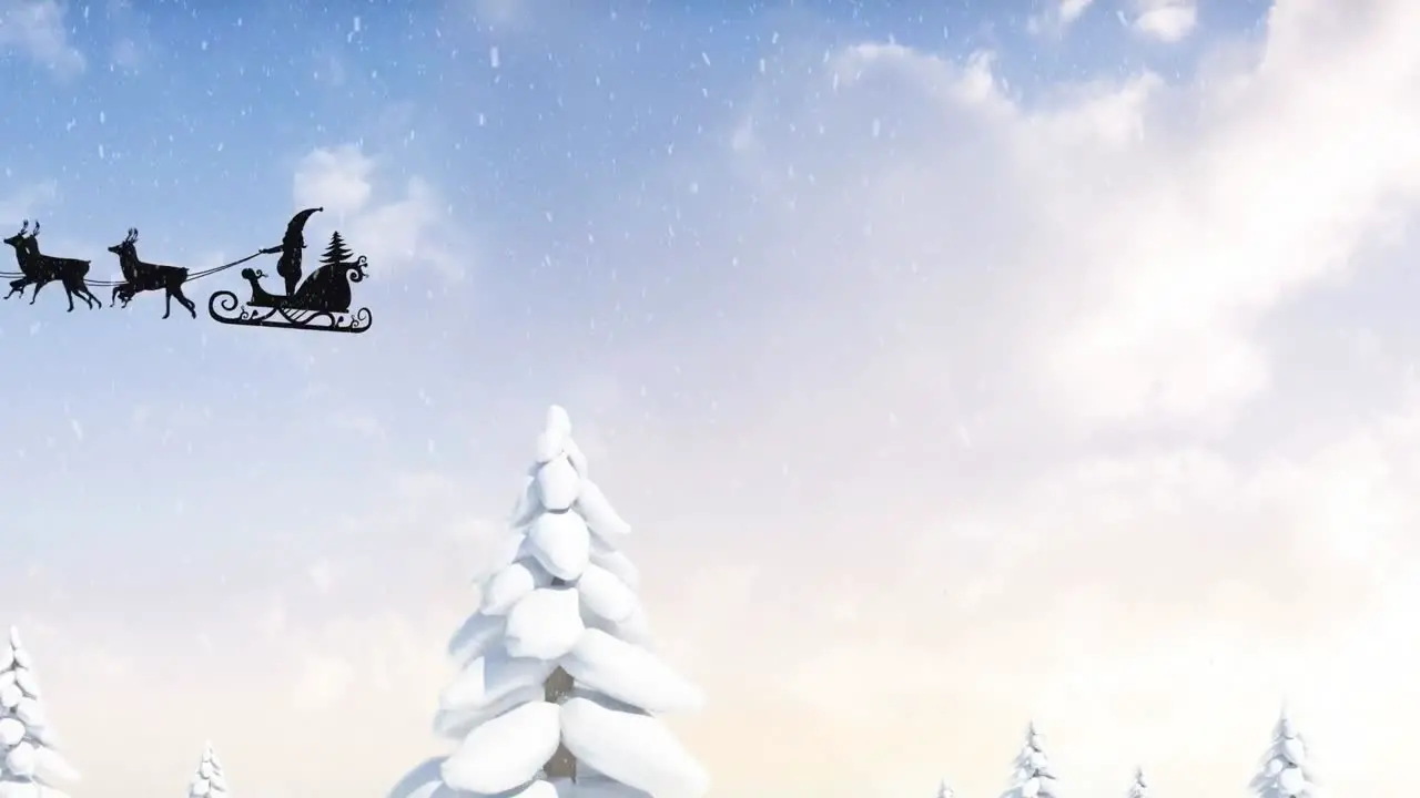 Animation of silhouette santa riding sleigh over snow covered trees against cloudy sky