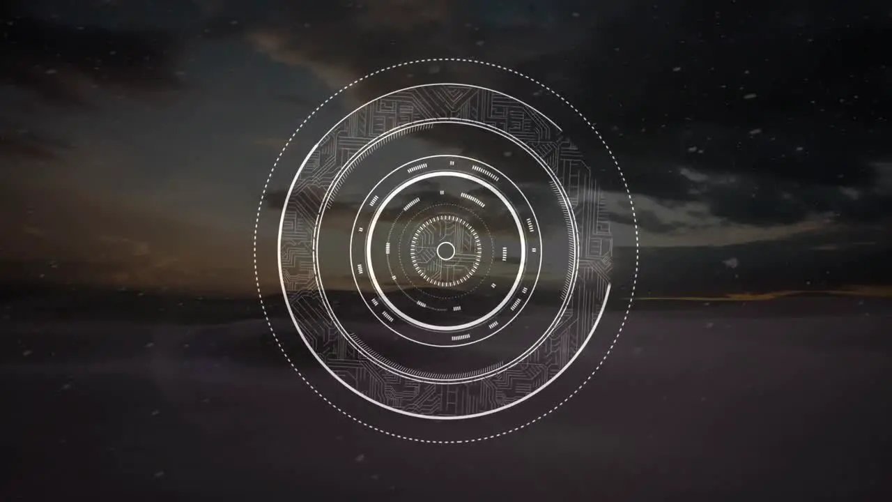 Animation of loading circles over snowfall on mountains against cloudy sky