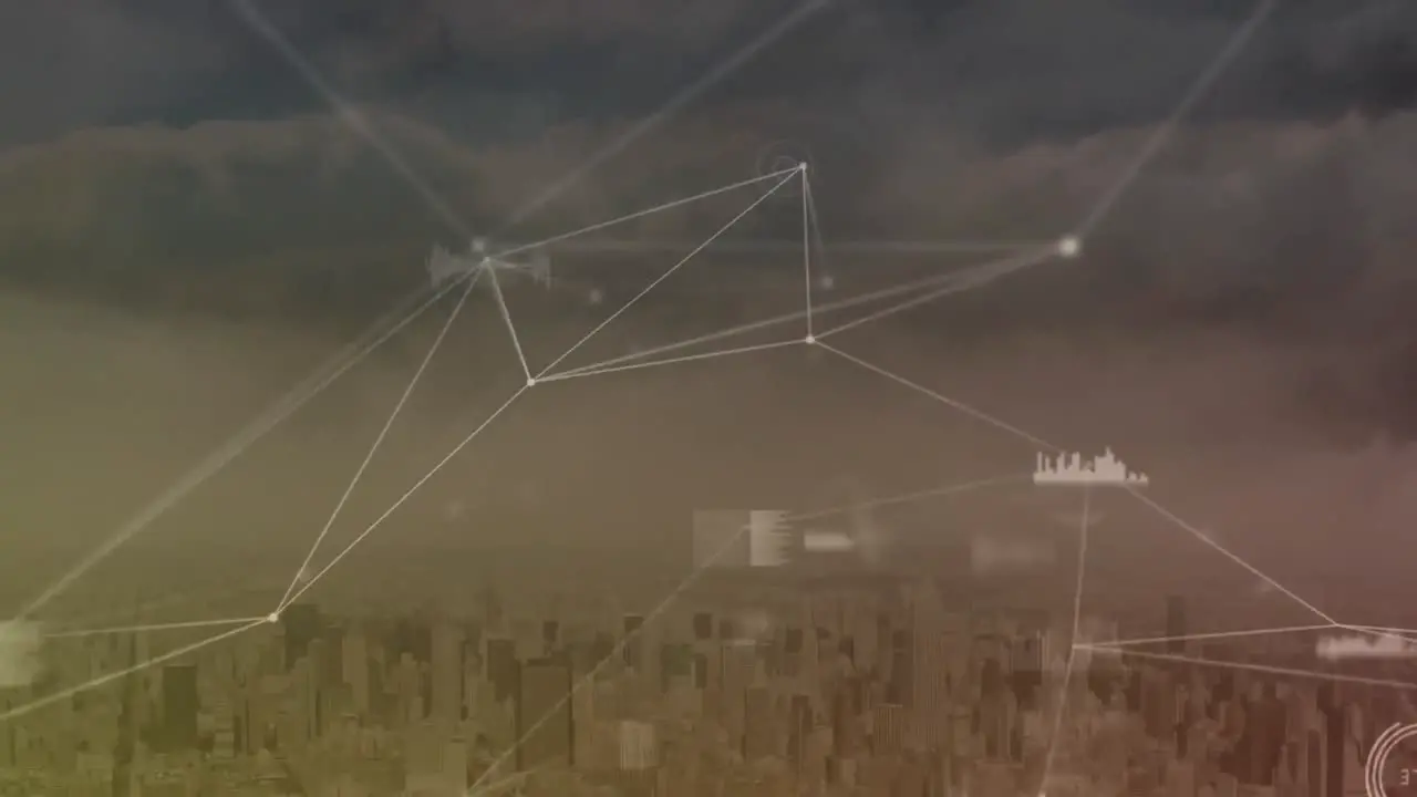 Animation of connected dots with graph icons over modern cityscape against cloudy sky