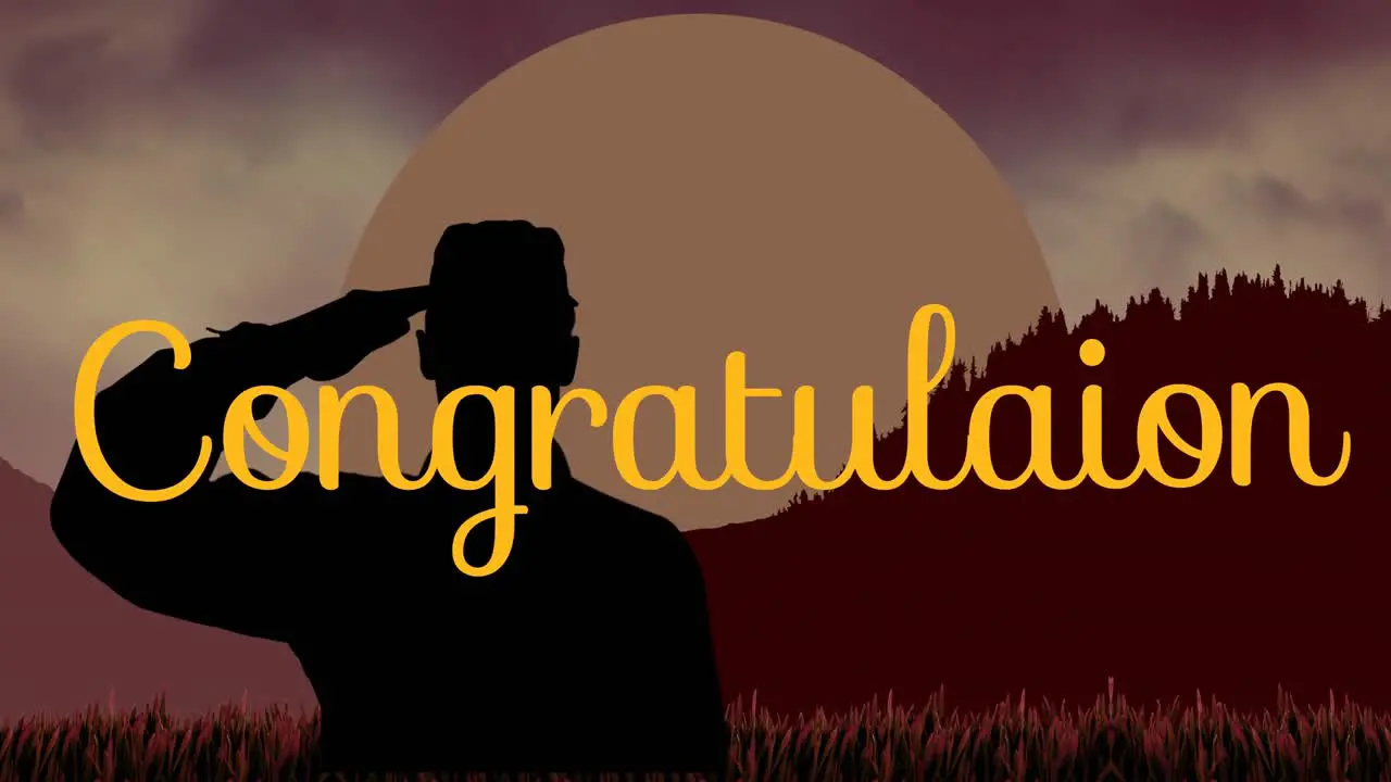 Animation of saluting soldier and congratulation text over mountain against moon in cloudy sky