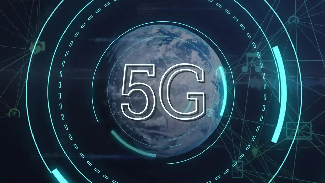 Animation of text 5g with turning blue scope scanning over network and cloudy sky