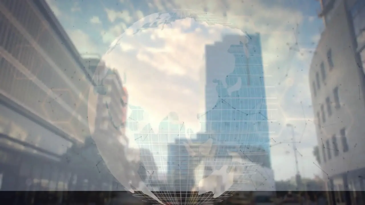 Animation of globe and connected dots over modern buildings against cloudy sky