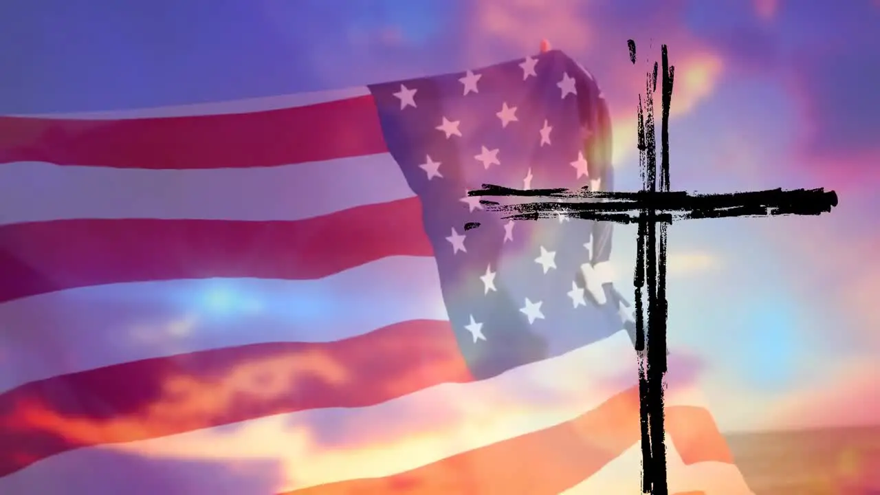 Animation of black cross shape and flag of america waving over cloudy sky in background