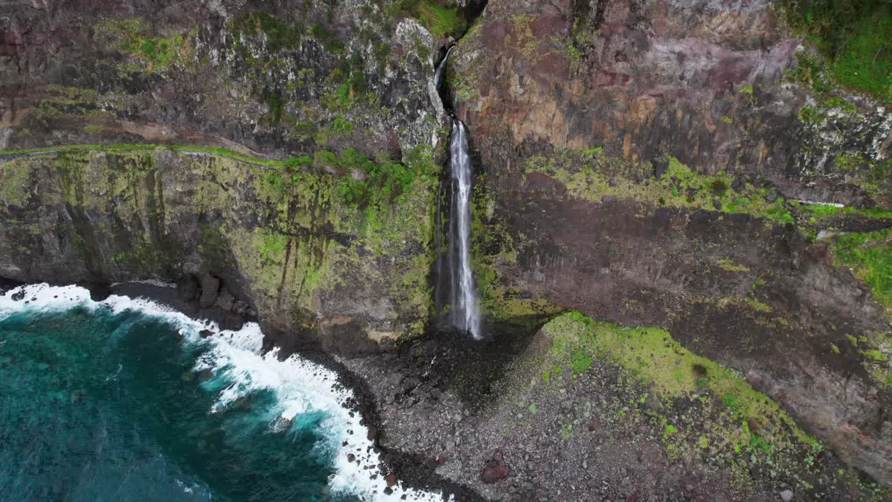 Drone view Big waterfall coast in Madeira rough sea Portugal