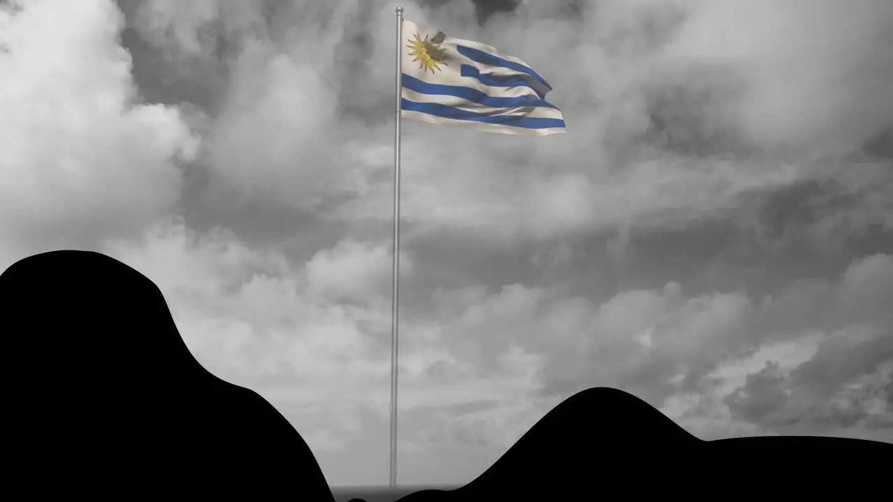 Animation of mountain with waving flag of uruguay on pole against cloudy sky